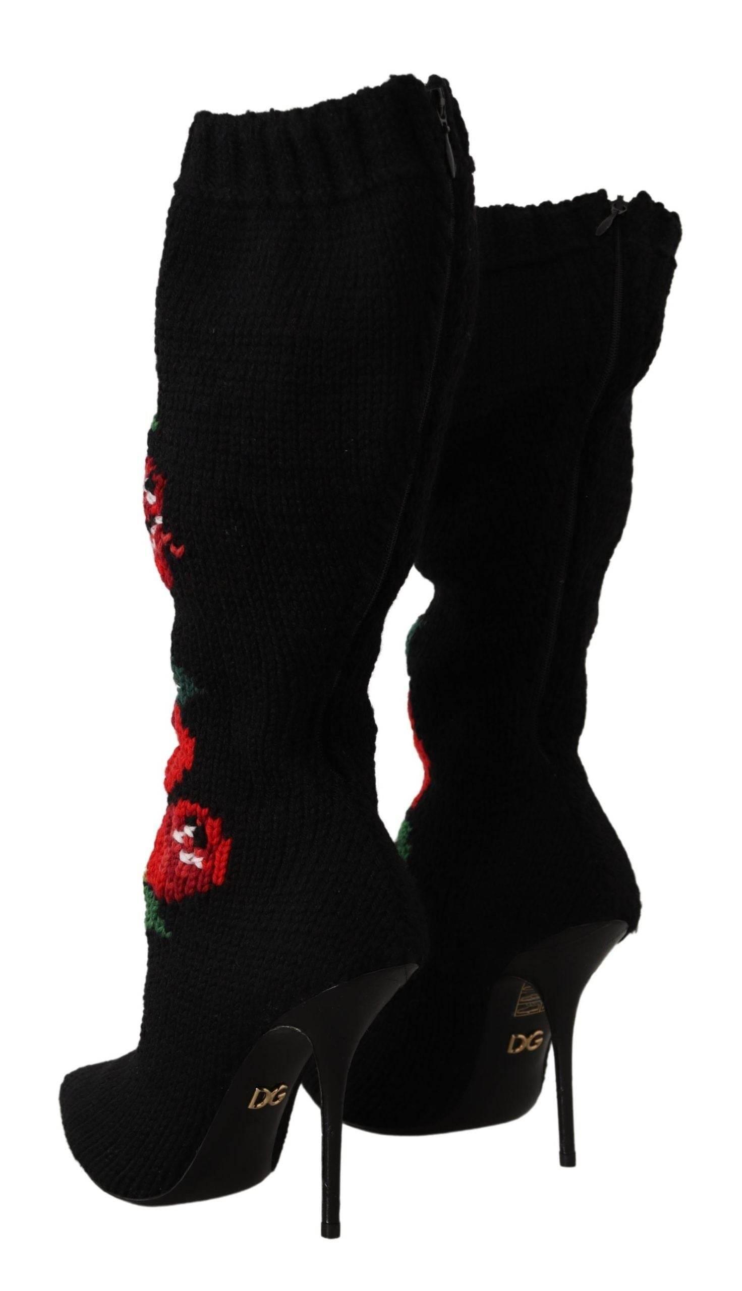 Dolce & Gabbana Elegant Sock Boots with Red Roses Detail - Hilstor