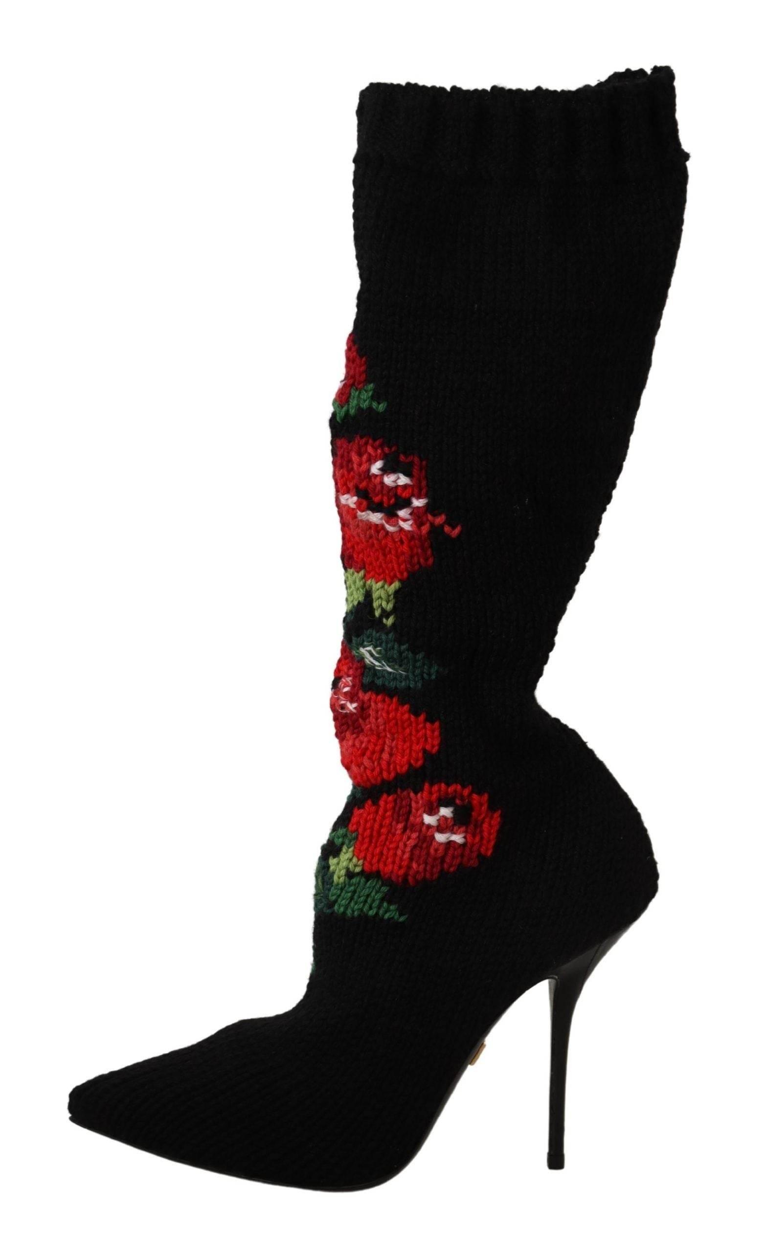 Dolce & Gabbana Elegant Sock Boots with Red Roses Detail - Hilstor
