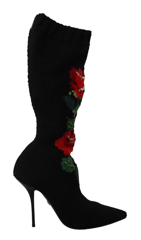 Dolce & Gabbana Elegant Sock Boots with Red Roses Detail - Hilstor
