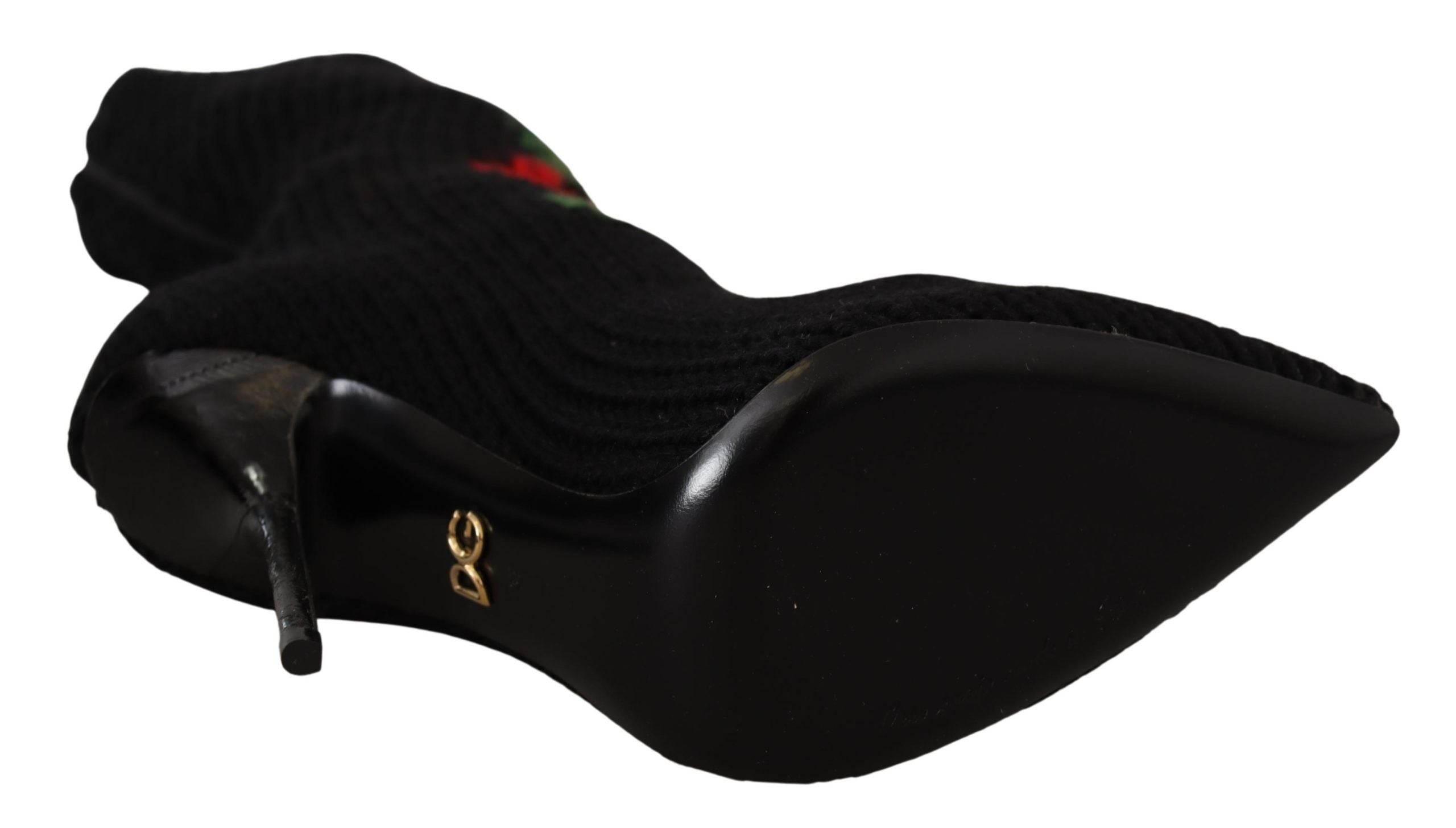 Dolce & Gabbana Elegant Sock Boots with Red Roses Detail - Hilstor