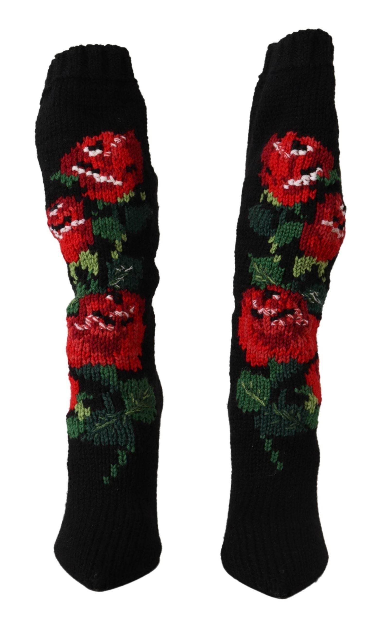 Dolce & Gabbana Elegant Sock Boots with Red Roses Detail - Hilstor