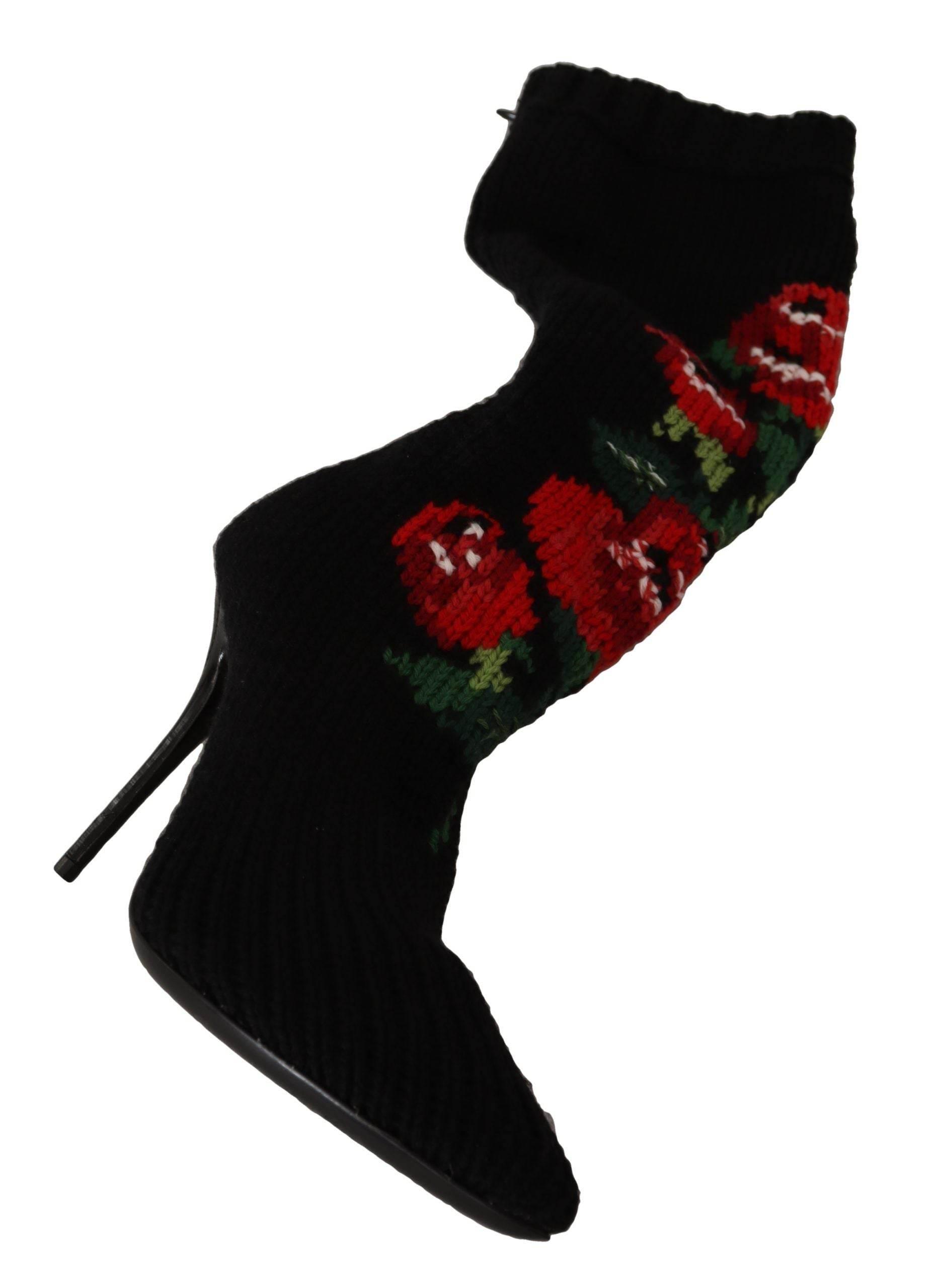 Dolce & Gabbana Elegant Sock Boots with Red Roses Detail - Hilstor