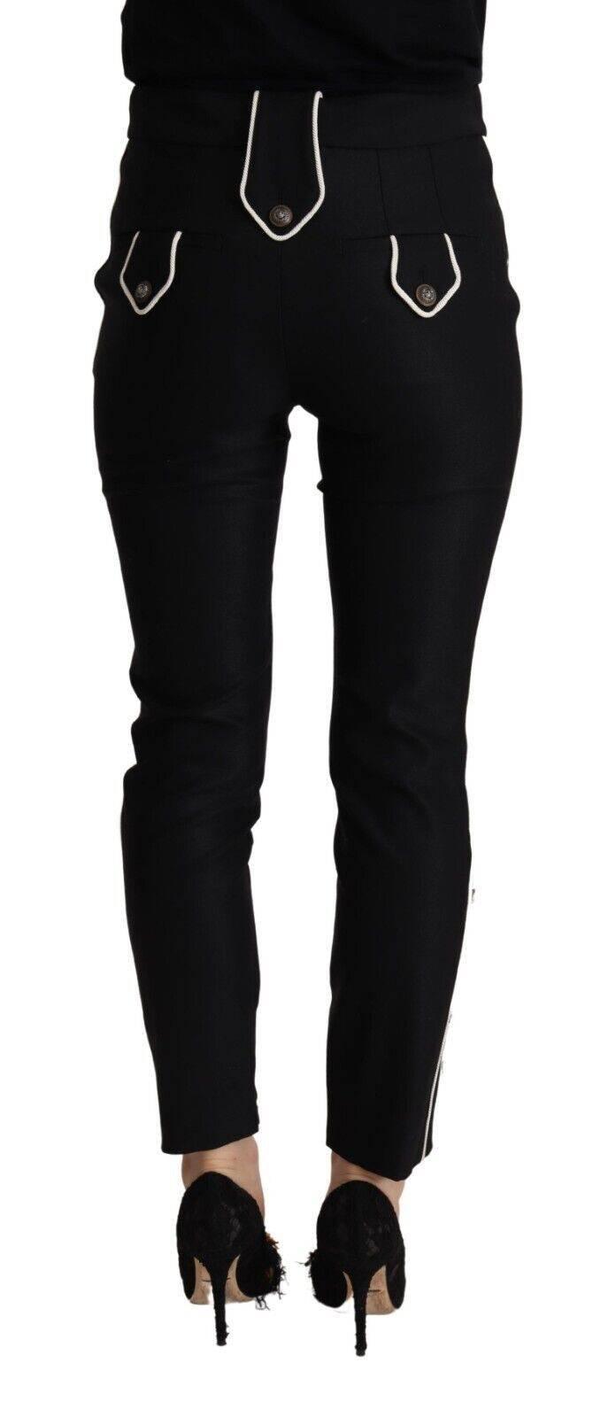 Dolce & Gabbana Black Mid Waist Button Embellished Slim Fit Pants - Hilstor