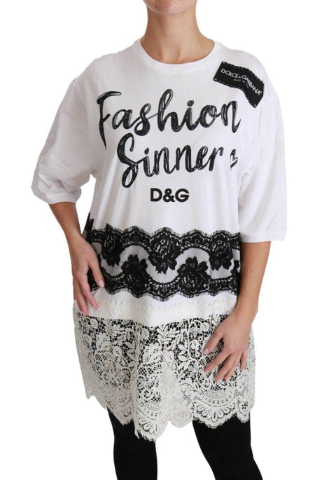 Dolce & Gabbana White Fashion Sinner Cotton Lace T-shirt Top - Hilstor