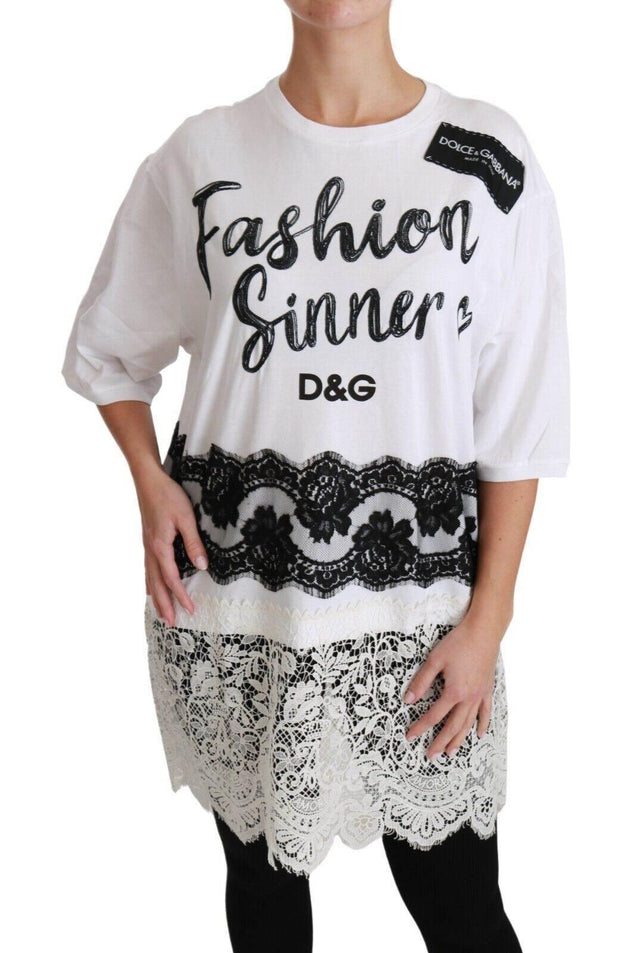 Dolce & Gabbana White Fashion Sinner Cotton Lace T-shirt Top - Hilstor