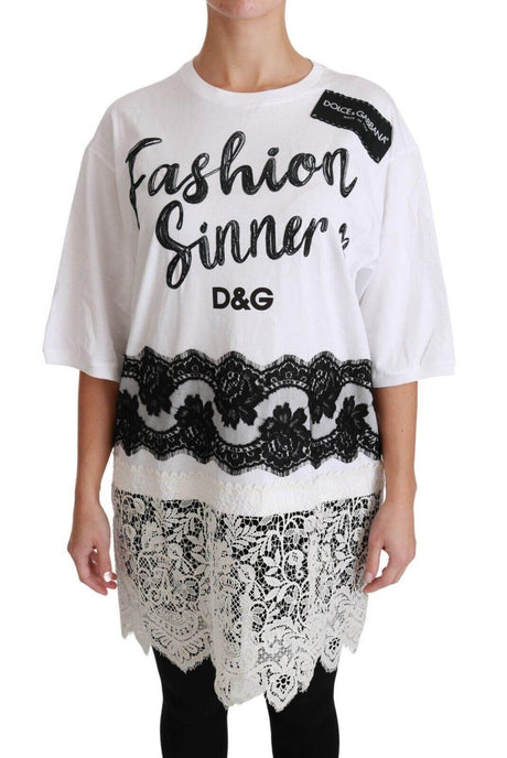Dolce & Gabbana White Fashion Sinner Cotton Lace T-shirt Top - Hilstor