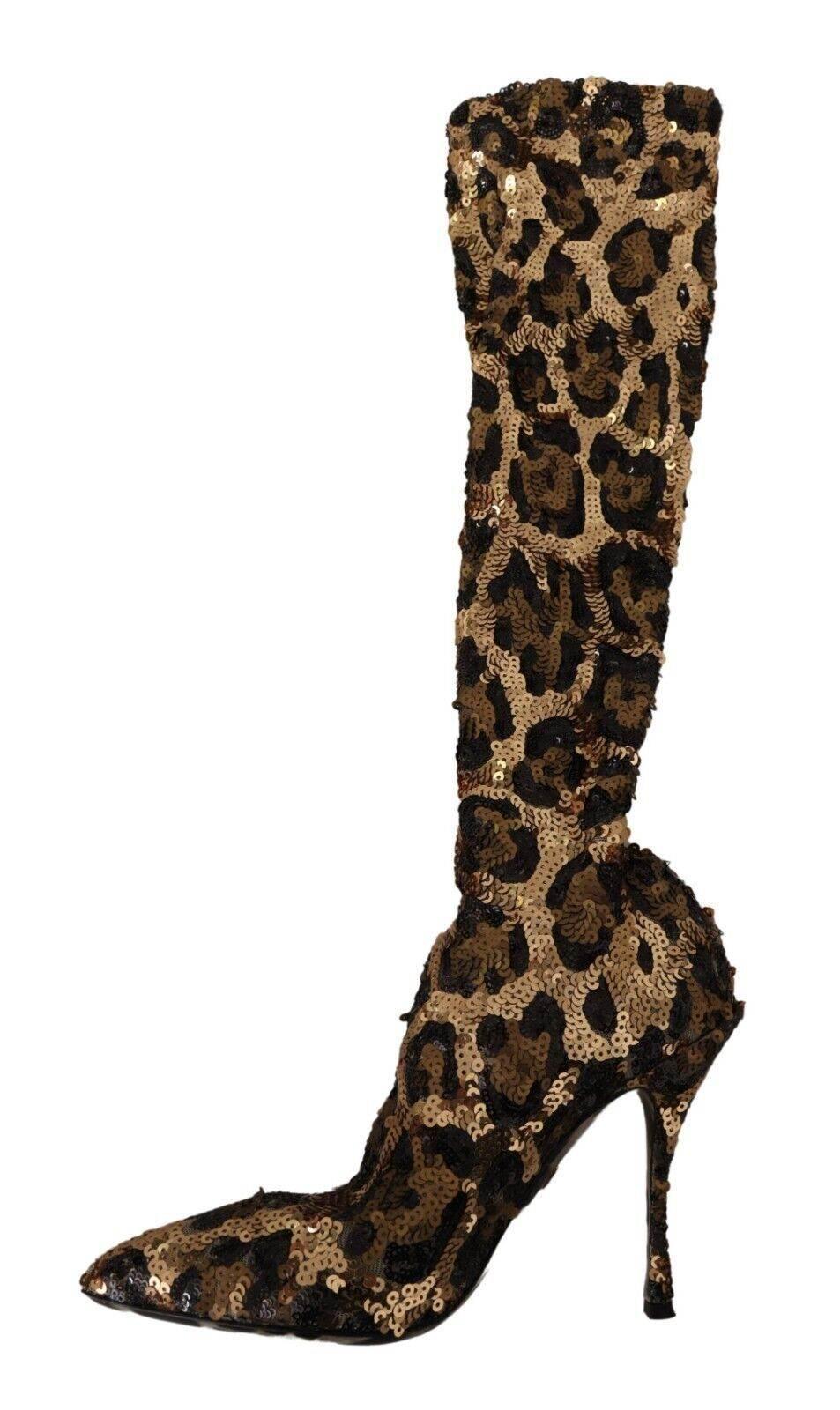 Dolce & Gabbana Elegant Leopard Sequin Knee-High Boots - Hilstor
