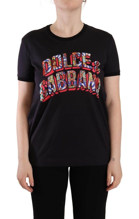 Dolce & Gabbana Black Logo Print Cotton Crew Neck Tee T-shirt - Hilstor