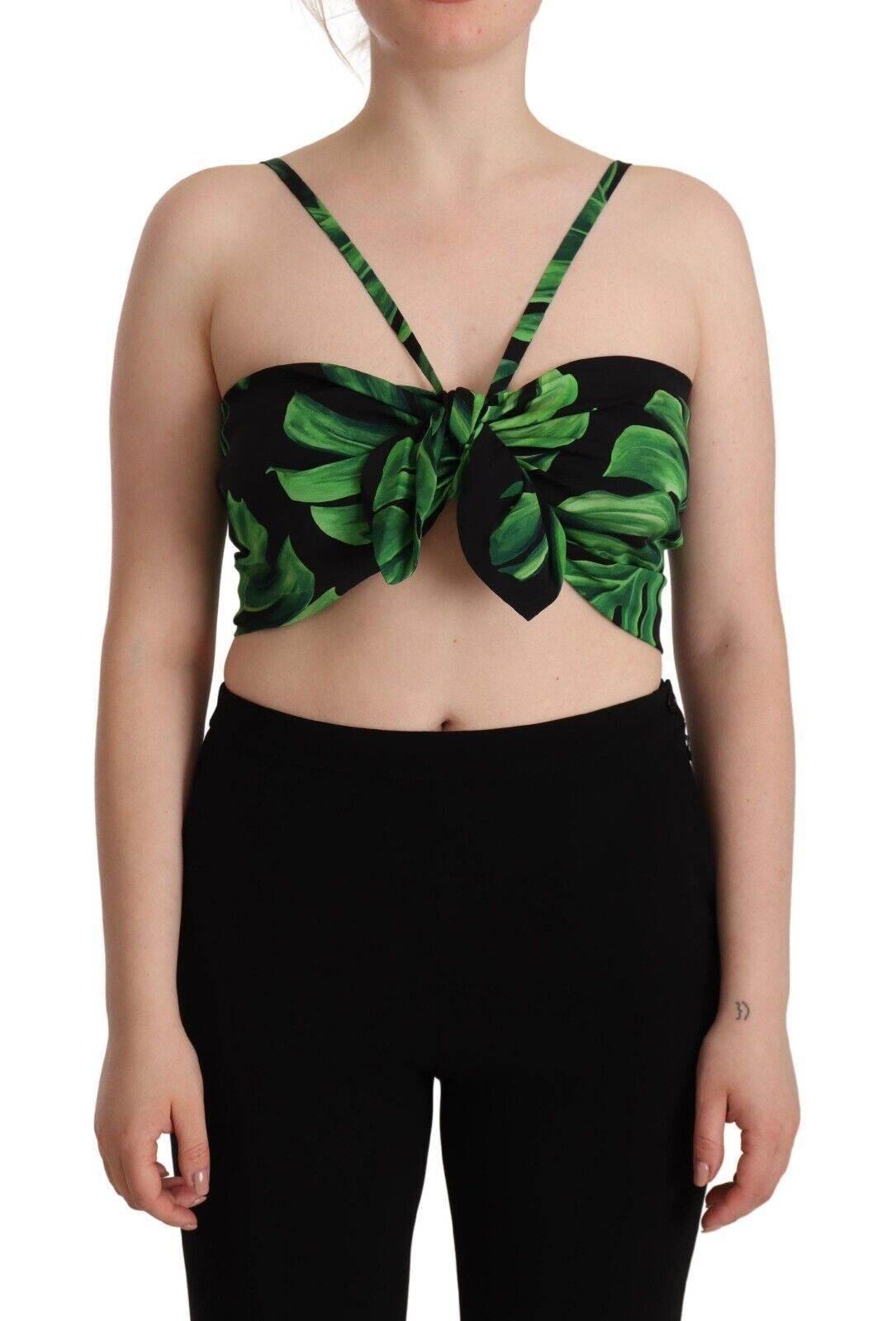 Dolce & Gabbana Black Green Leaf Silk Halter Cropped Top - Hilstor