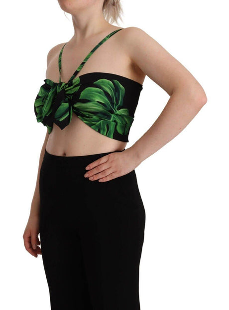 Dolce & Gabbana Black Green Leaf Silk Halter Cropped Top - Hilstor