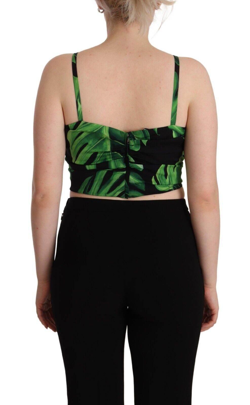 Dolce & Gabbana Black Green Leaf Silk Halter Cropped Top - Hilstor