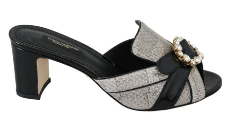 Dolce & Gabbana Black Gray Exotic Leather Crystals Sandals Shoes - Hilstor