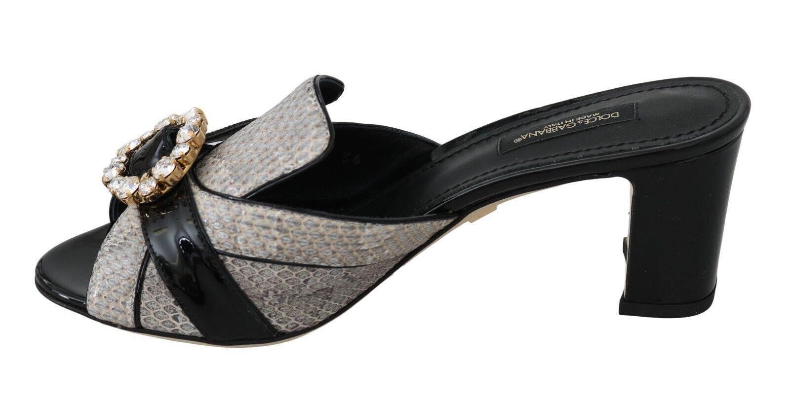 Dolce & Gabbana Black Gray Exotic Leather Crystals Sandals Shoes - Hilstor