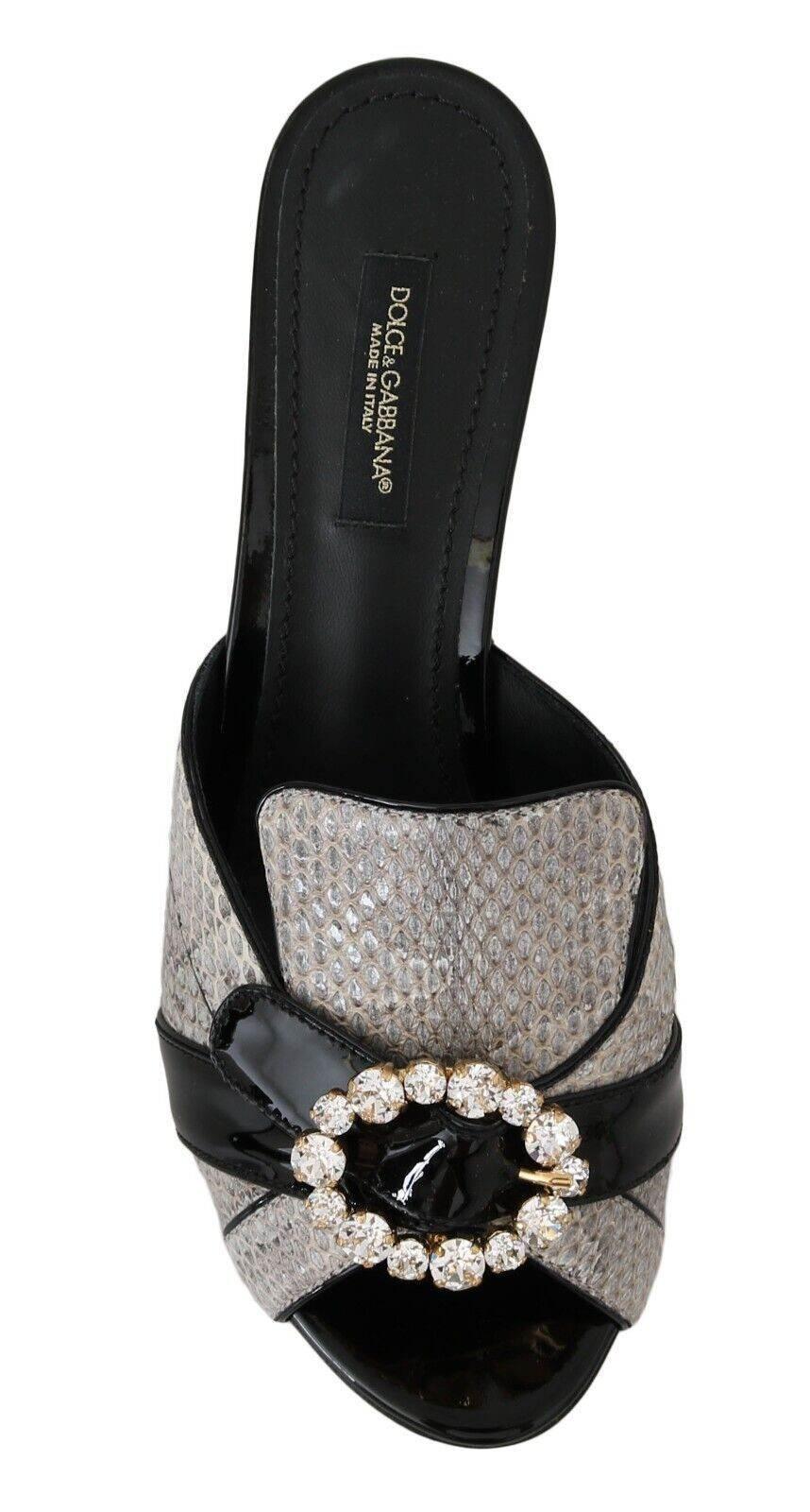 Dolce & Gabbana Black Gray Exotic Leather Crystals Sandals Shoes - Hilstor