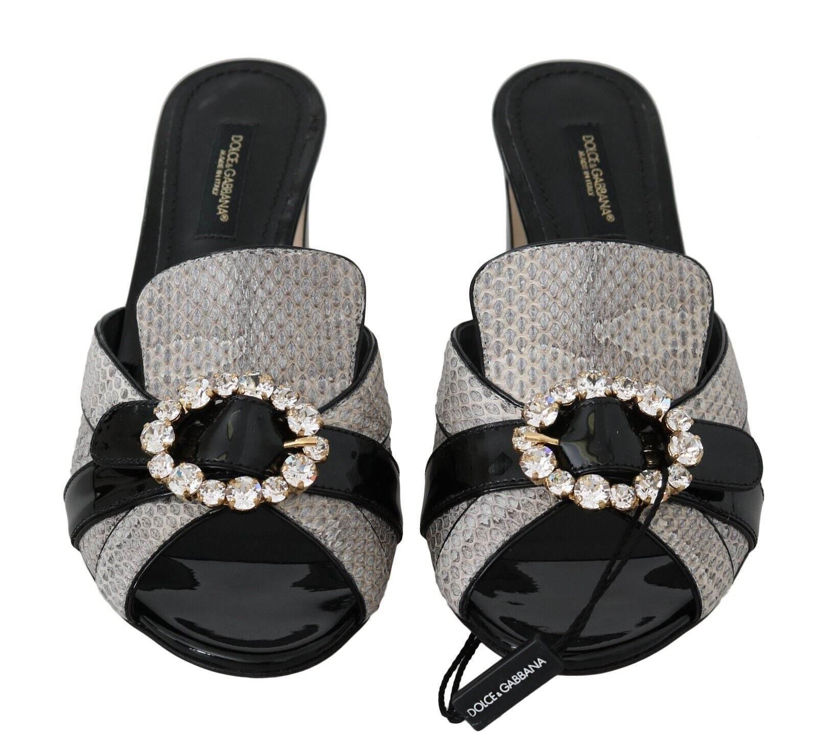 Dolce & Gabbana Black Gray Exotic Leather Crystals Sandals Shoes - Hilstor