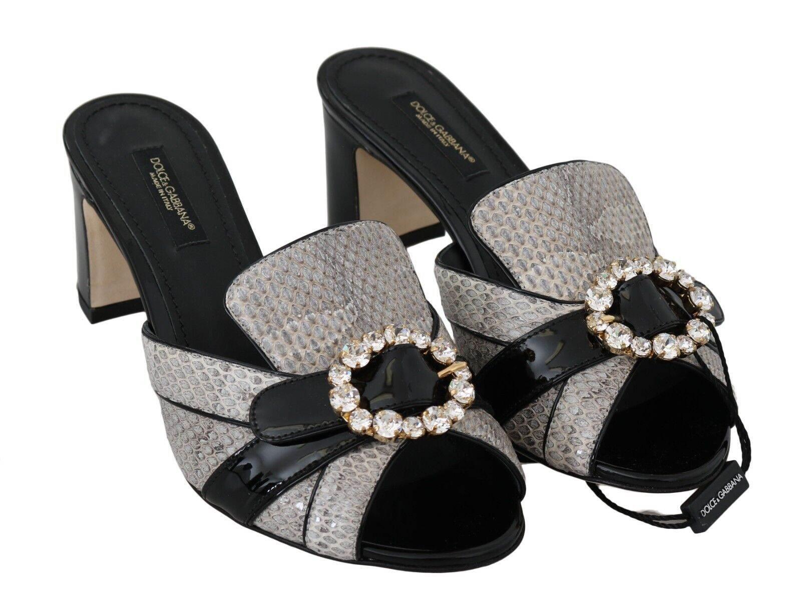 Dolce & Gabbana Black Gray Exotic Leather Crystals Sandals Shoes - Hilstor