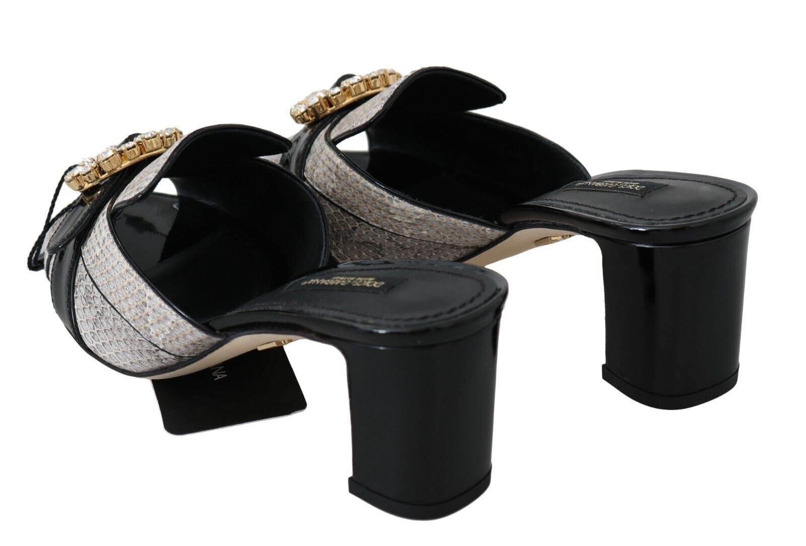 Dolce & Gabbana Black Gray Exotic Leather Crystals Sandals Shoes - Hilstor