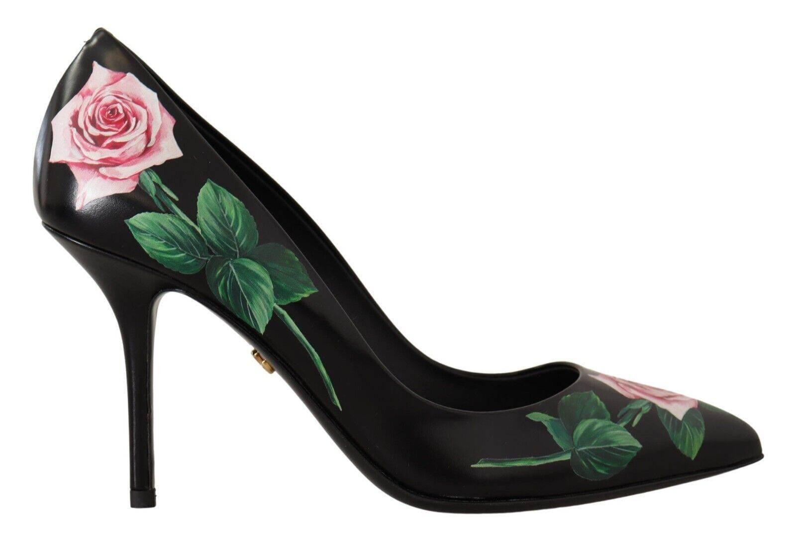 Dolce & Gabbana Elegant Black Rose Print Leather Heels - Hilstor