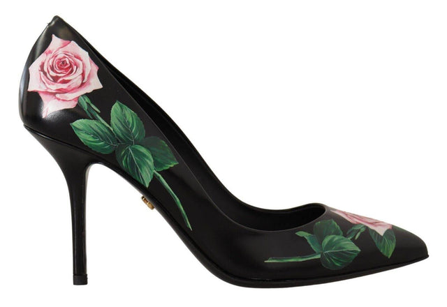 Dolce & Gabbana Elegant Black Rose Print Leather Heels - Hilstor