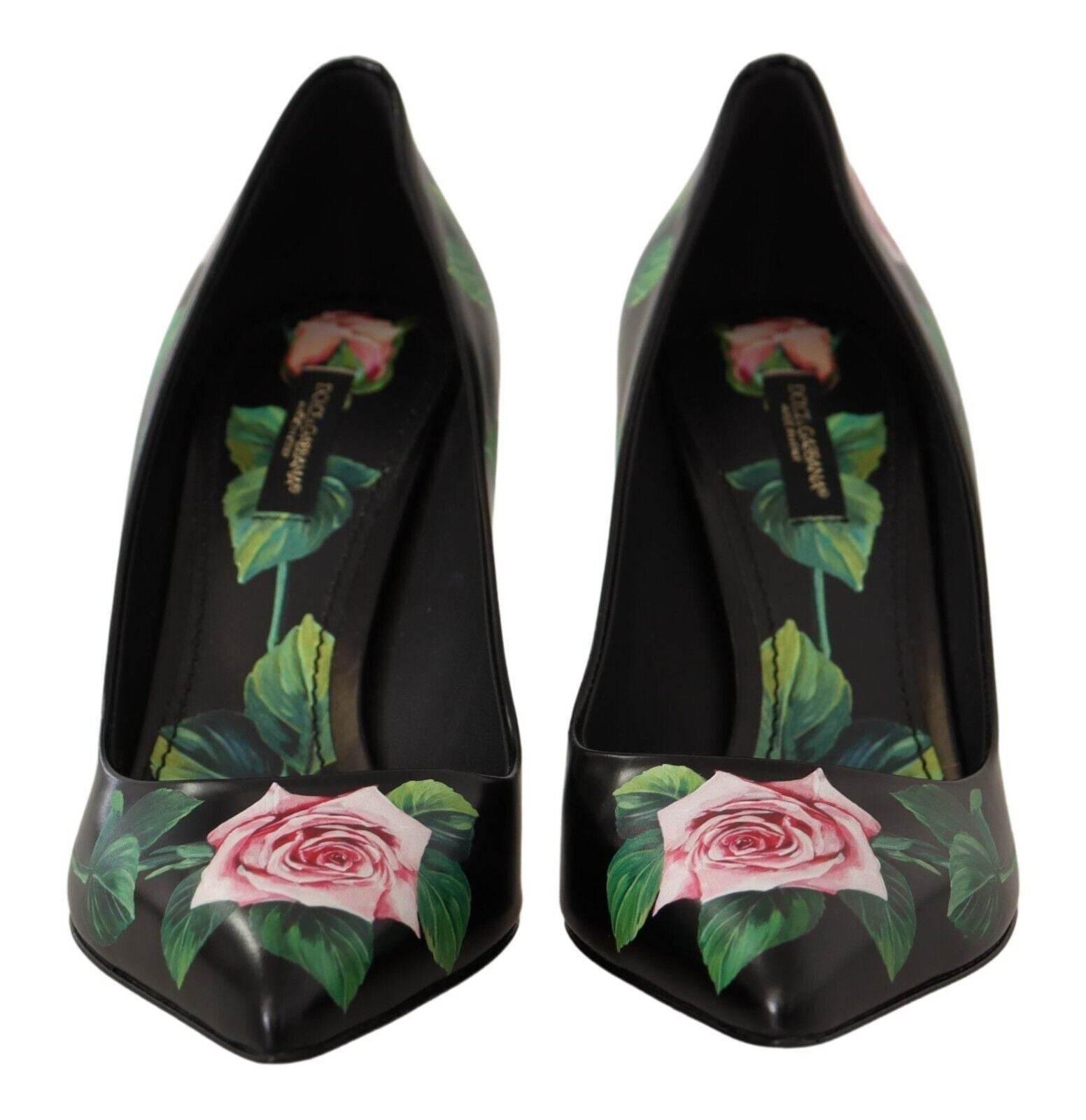 Dolce & Gabbana Elegant Black Rose Print Leather Heels - Hilstor