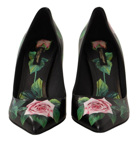 Dolce & Gabbana Elegant Black Rose Print Leather Heels - Hilstor