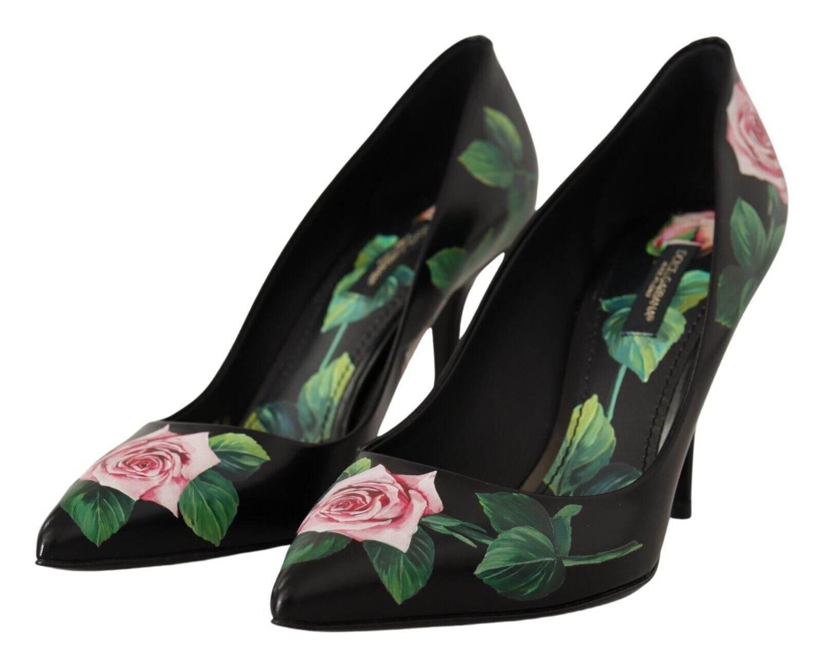 Dolce & Gabbana Elegant Black Rose Print Leather Heels - Hilstor