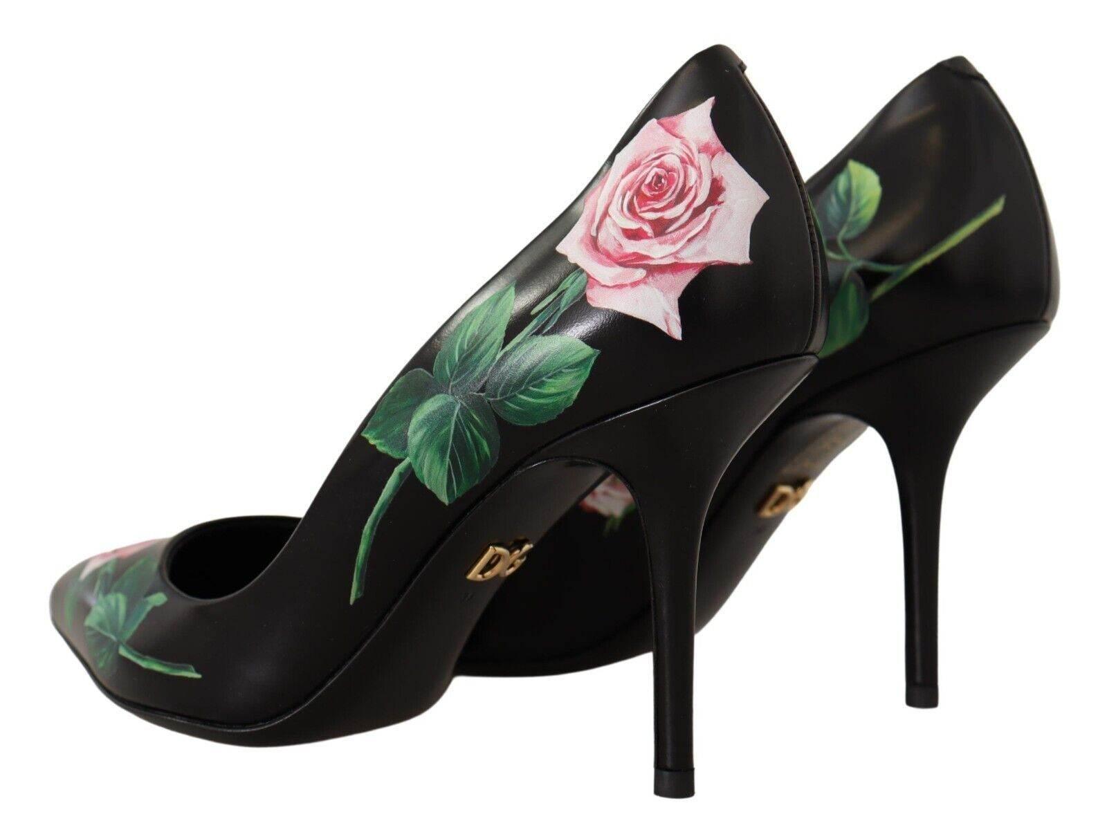Dolce & Gabbana Elegant Black Rose Print Leather Heels - Hilstor