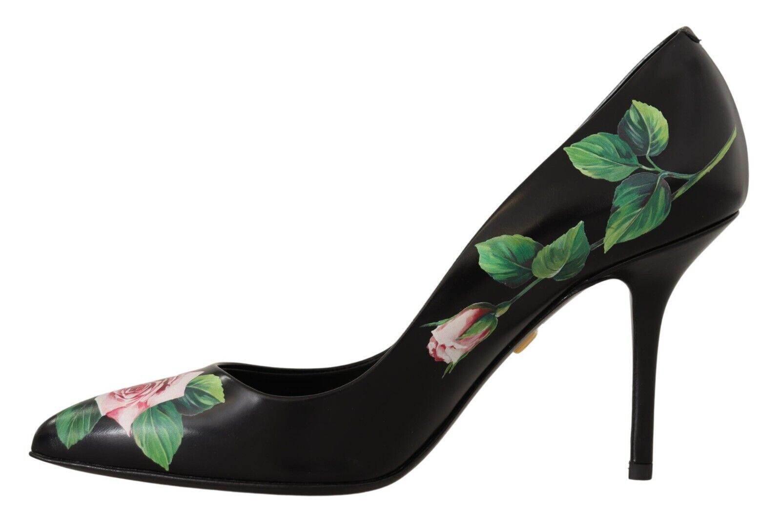 Dolce & Gabbana Elegant Black Rose Print Leather Heels - Hilstor