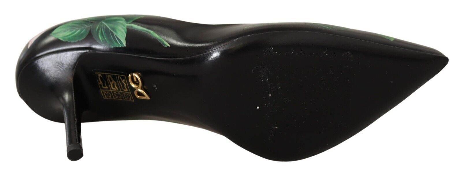 Dolce & Gabbana Elegant Black Rose Print Leather Heels - Hilstor