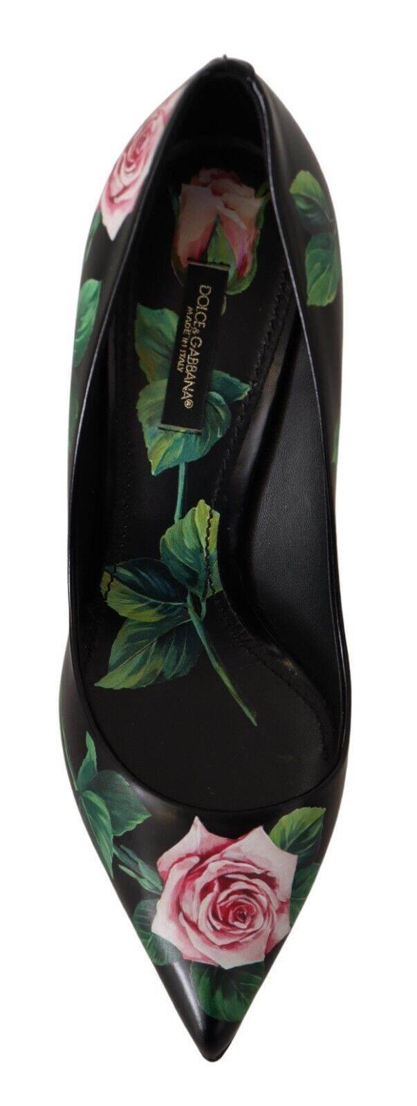 Dolce & Gabbana Elegant Black Rose Print Leather Heels - Hilstor