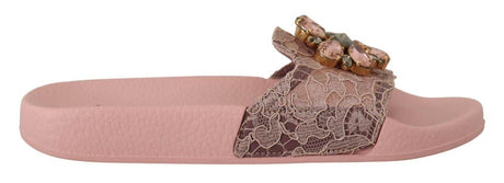 Dolce & Gabbana Floral Lace Crystal Embellished Slide Flats - Hilstor