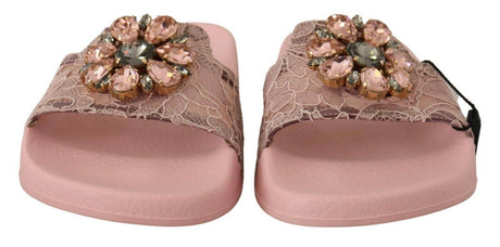 Dolce & Gabbana Floral Lace Crystal Embellished Slide Flats - Hilstor