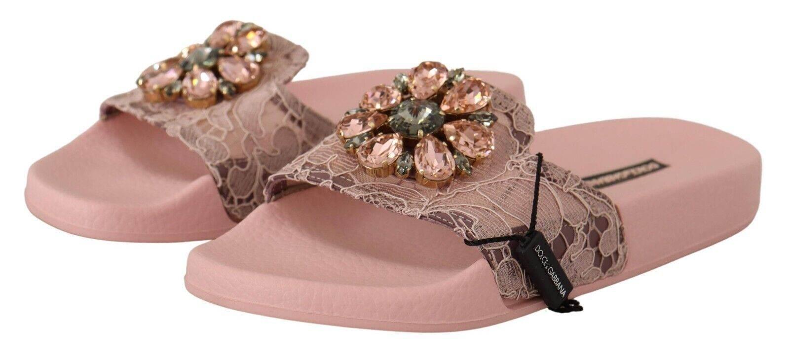 Dolce & Gabbana Floral Lace Crystal Embellished Slide Flats - Hilstor