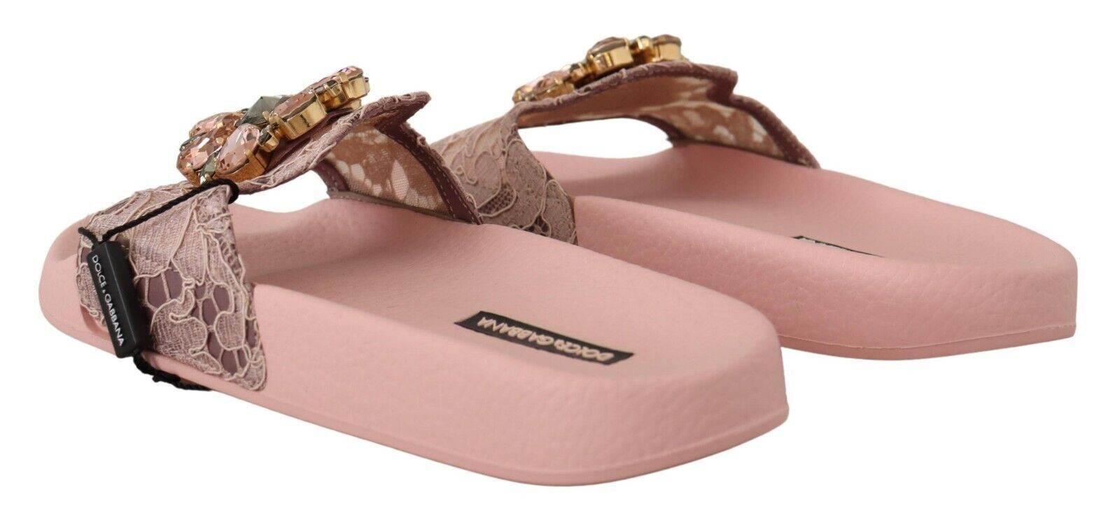 Dolce & Gabbana Floral Lace Crystal Embellished Slide Flats - Hilstor