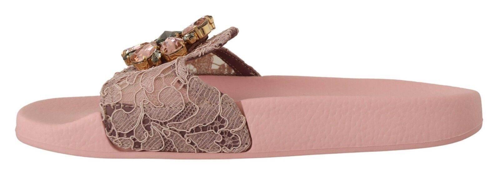 Dolce & Gabbana Floral Lace Crystal Embellished Slide Flats - Hilstor