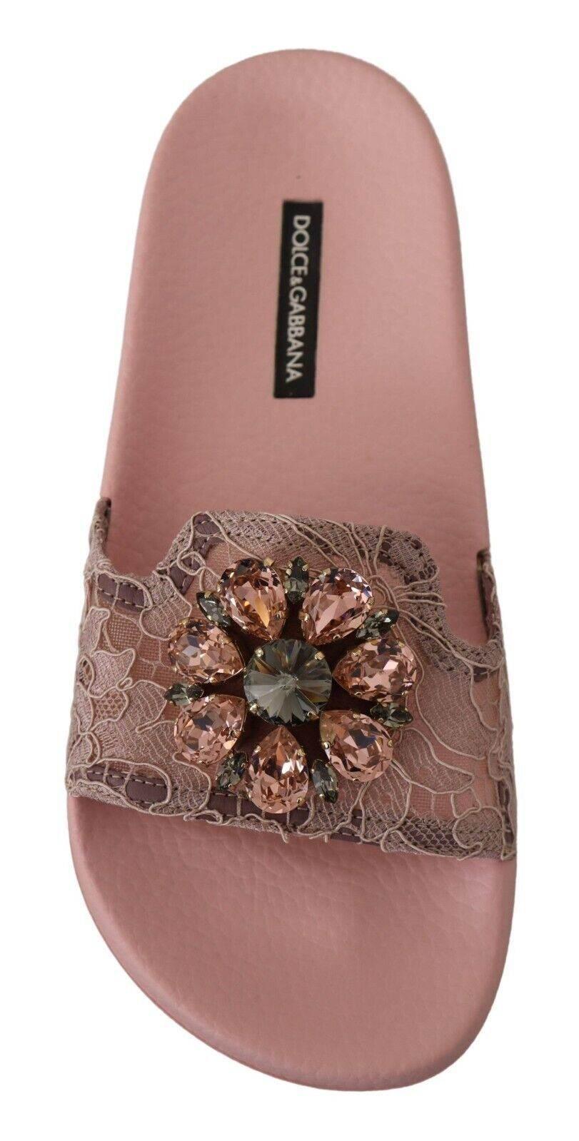 Dolce & Gabbana Floral Lace Crystal Embellished Slide Flats - Hilstor