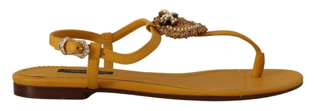 Dolce & Gabbana Mustard T-Strap Flat Sandals with Heart Embellishment - Hilstor