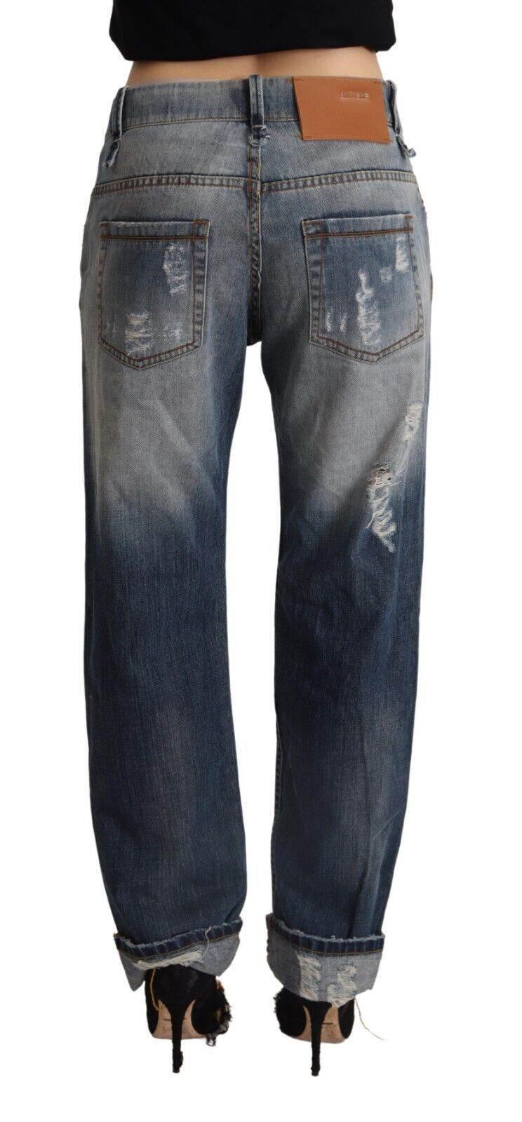 Acht Blue Tattered Mid Waist Straight Denim Cotton Jeans - Hilstor