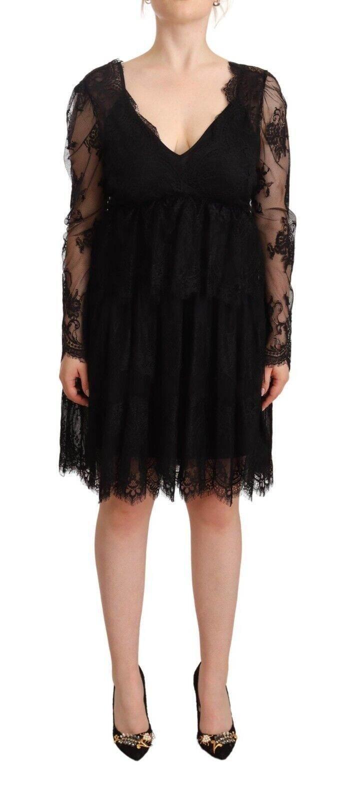 Aniye By Black Floral Lace Cotton Long Sleeves V-neck Shift Dress - Hilstor