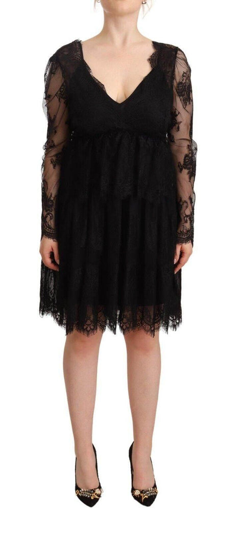 Aniye By Black Floral Lace Cotton Long Sleeves V-neck Shift Dress - Hilstor
