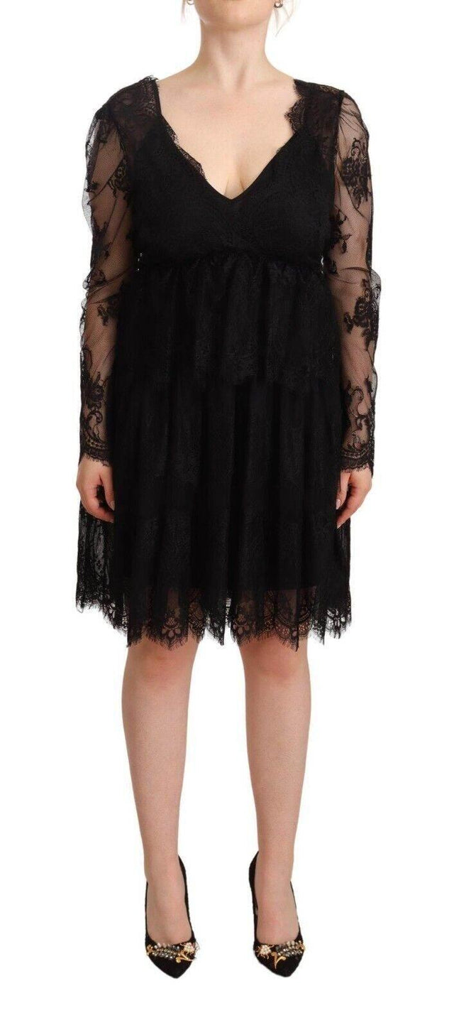 Aniye By Black Floral Lace Cotton Long Sleeves V-neck Shift Dress - Hilstor