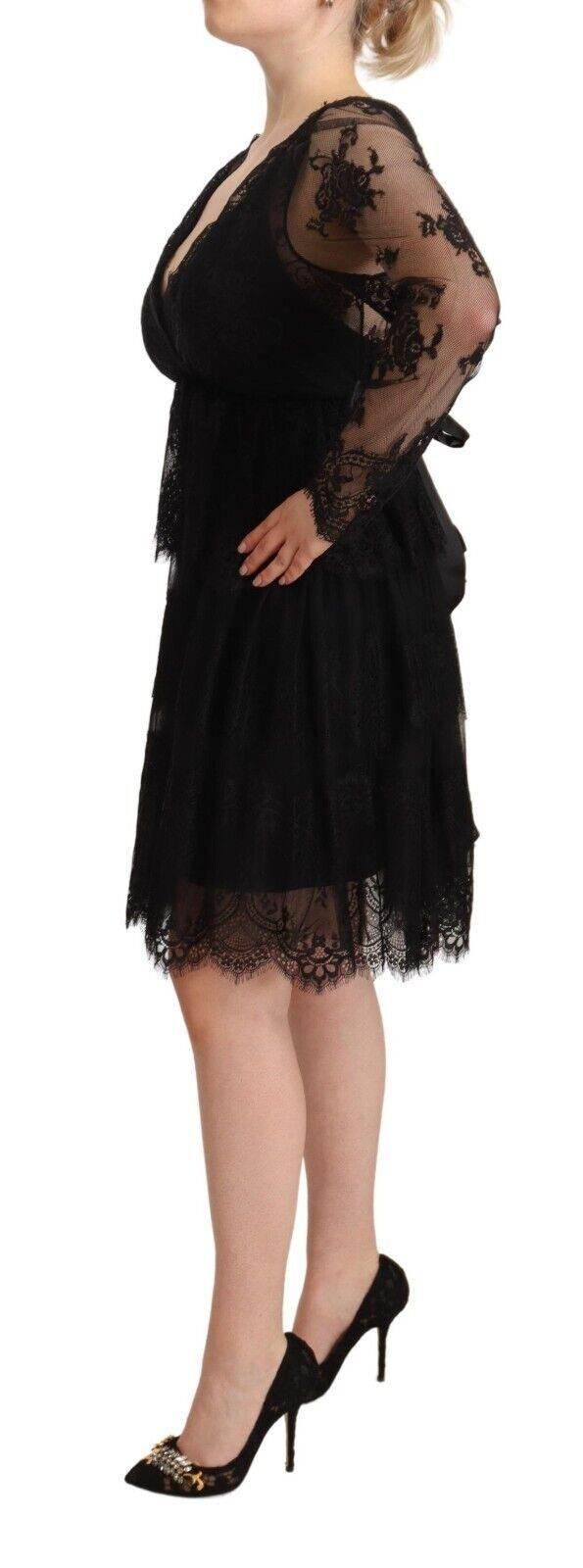 Aniye By Black Floral Lace Cotton Long Sleeves V-neck Shift Dress - Hilstor