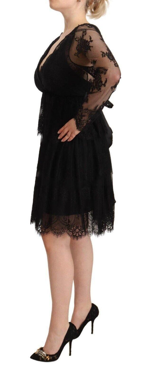 Aniye By Black Floral Lace Cotton Long Sleeves V-neck Shift Dress - Hilstor