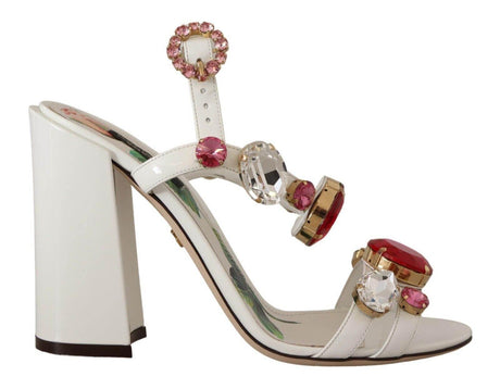 Dolce & Gabbana White Leather Crystal Keira Heels Sandals Shoes - Hilstor