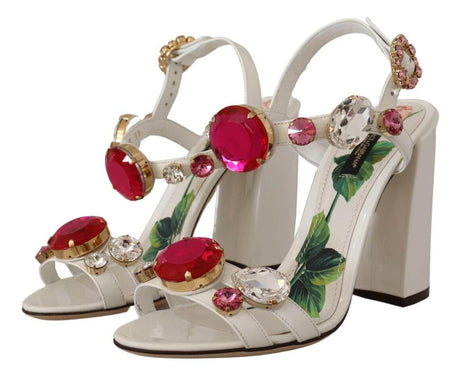 Dolce & Gabbana White Leather Crystal Keira Heels Sandals Shoes - Hilstor