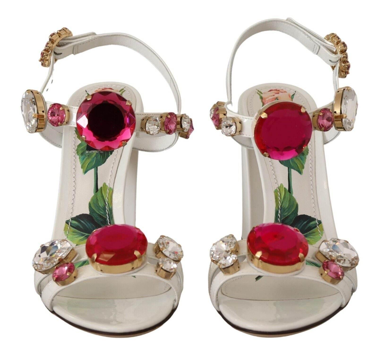 Dolce & Gabbana White Leather Crystal Keira Heels Sandals Shoes - Hilstor