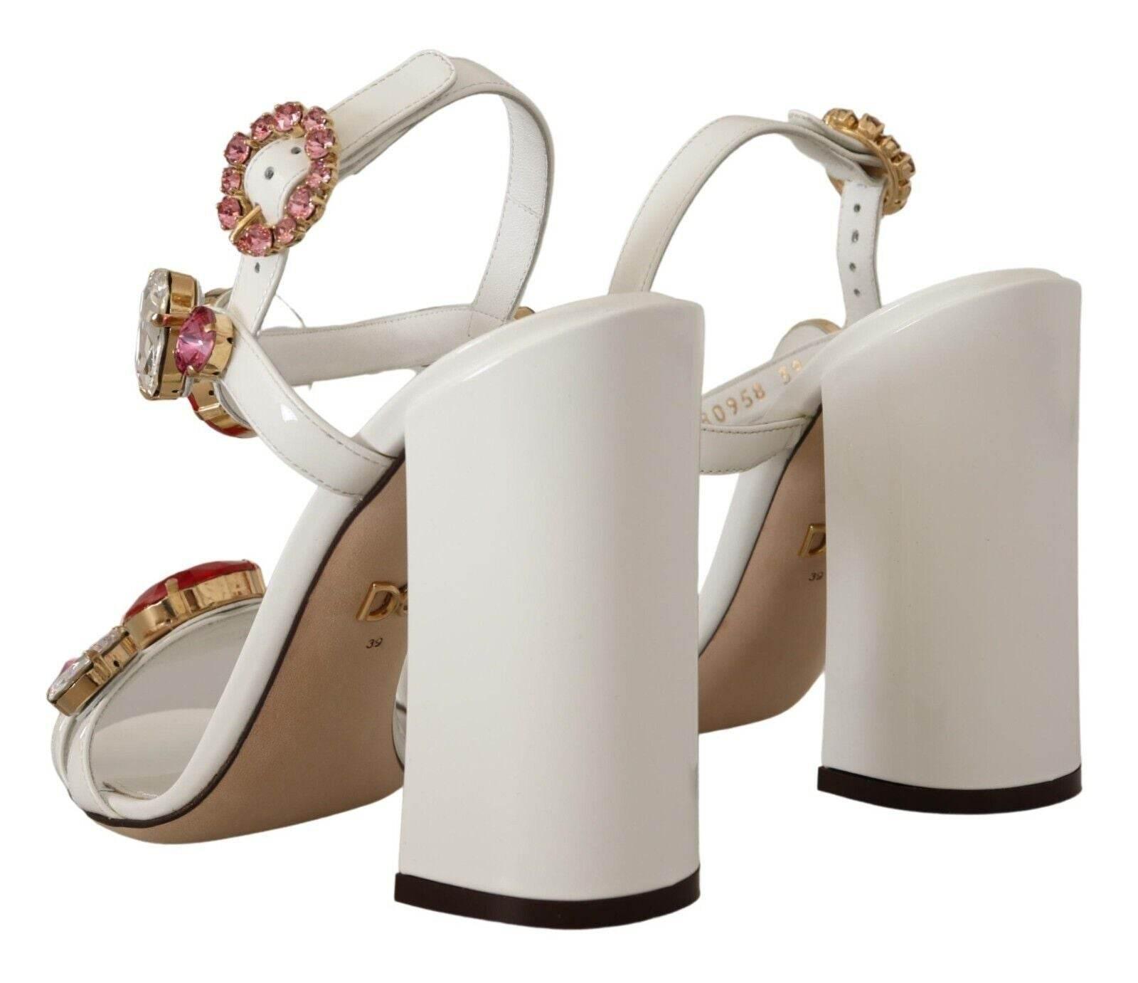 Dolce & Gabbana White Leather Crystal Keira Heels Sandals Shoes - Hilstor
