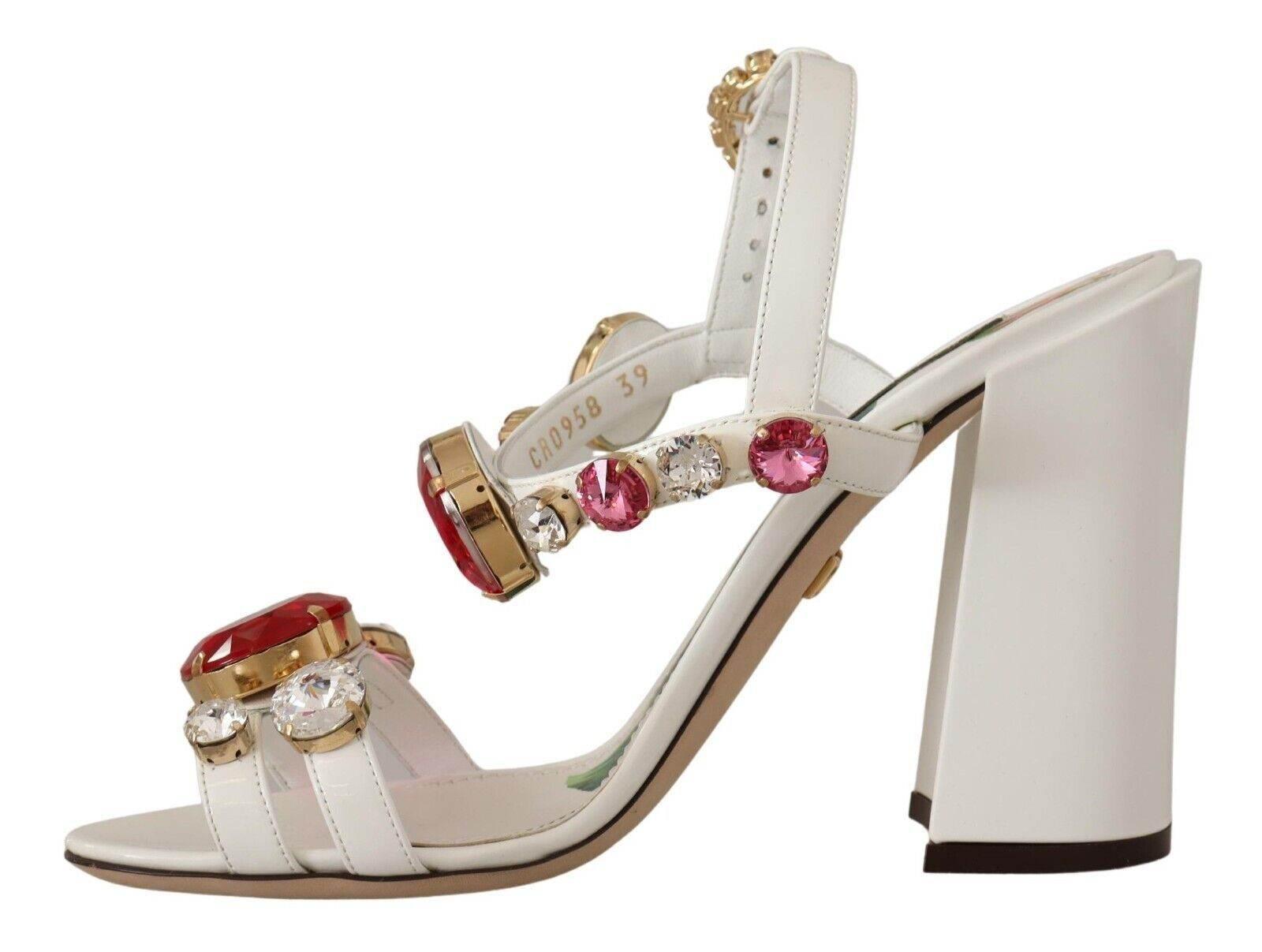 Dolce & Gabbana White Leather Crystal Keira Heels Sandals Shoes - Hilstor