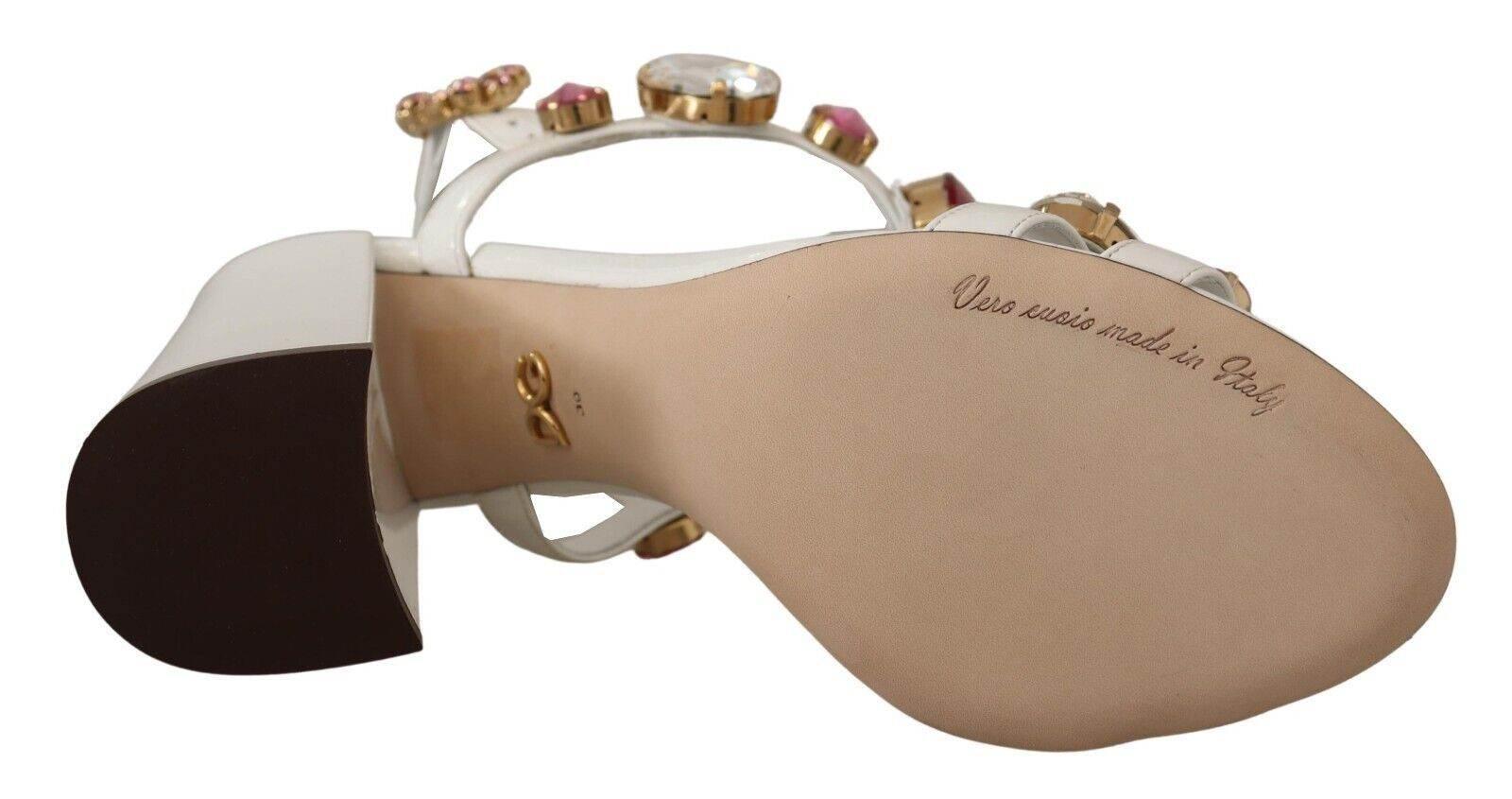 Dolce & Gabbana White Leather Crystal Keira Heels Sandals Shoes - Hilstor