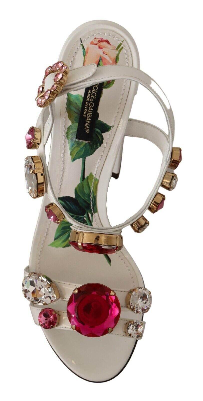 Dolce & Gabbana White Leather Crystal Keira Heels Sandals Shoes - Hilstor
